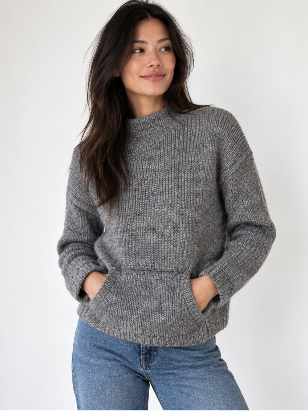 Demylee Gray Wool Alpaca Mock Neck Kangaroo Pocket Sweater Sz Medium